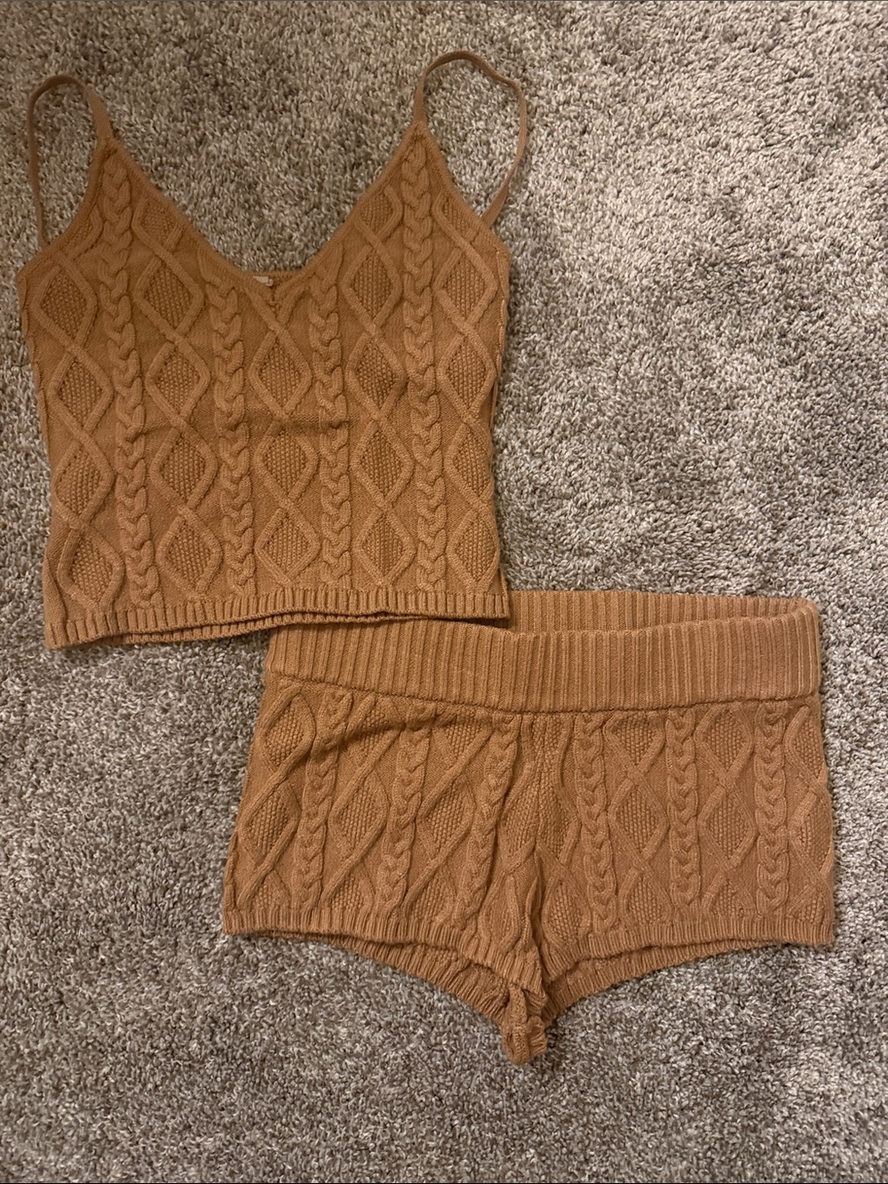 SKIMS Cable Knit Tank & Short Set in Camel Brown